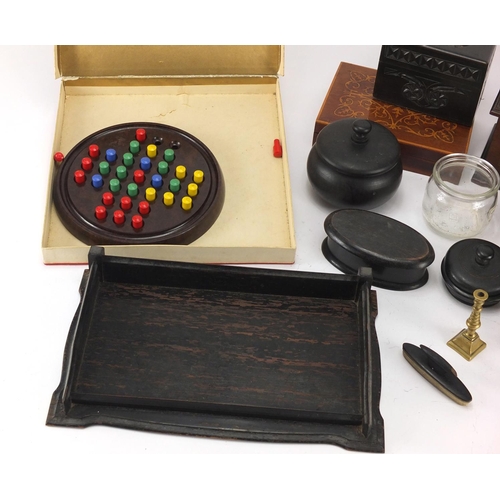 223 - Wooden boxes, some inlaid, ebony dressing table set and vintage Bakelite game