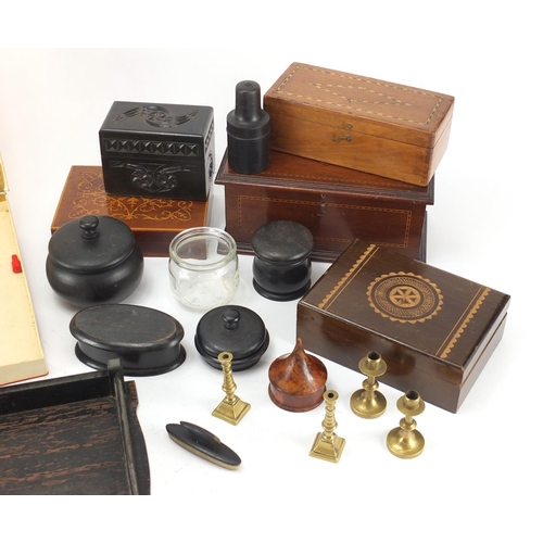 223 - Wooden boxes, some inlaid, ebony dressing table set and vintage Bakelite game