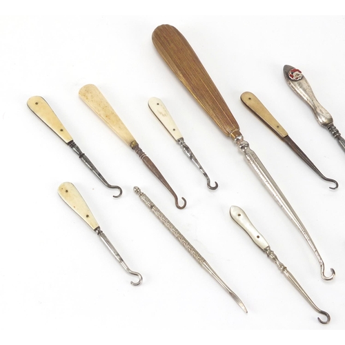 448 - Sewing tools including bone handled button hooks