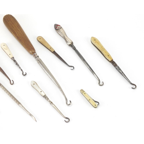 448 - Sewing tools including bone handled button hooks