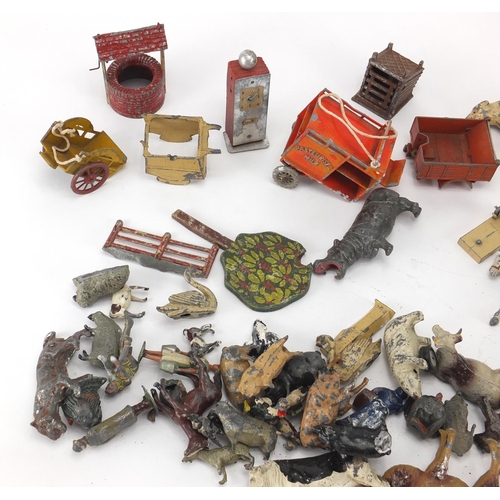 444 - Vintage farmyard animals and accessories including hand painted lead examples