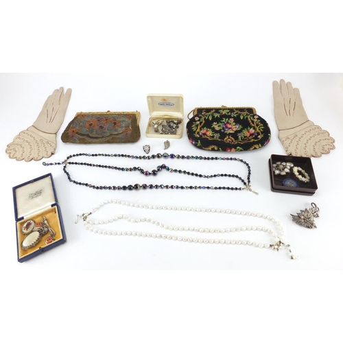 358 - Vintage clutch bags and costume jewellery to include marcasite brooches