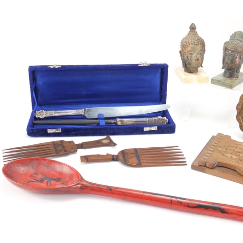 690 - Metal and woodenware including two bronzed busts and carved extending book slide