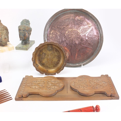 690 - Metal and woodenware including two bronzed busts and carved extending book slide