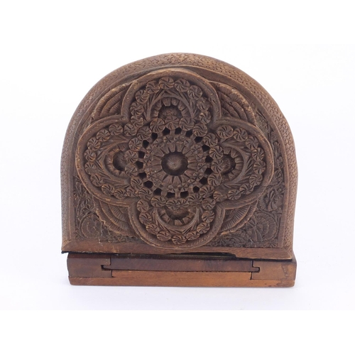 465 - Carved hardwood extending book slide, 30.5cm wide when closed