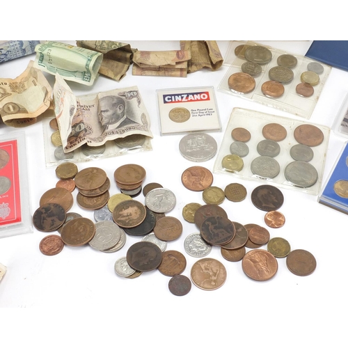 644 - British and World coins and banknotes including 1953 specimen coin set, five pound and one pound coi... 