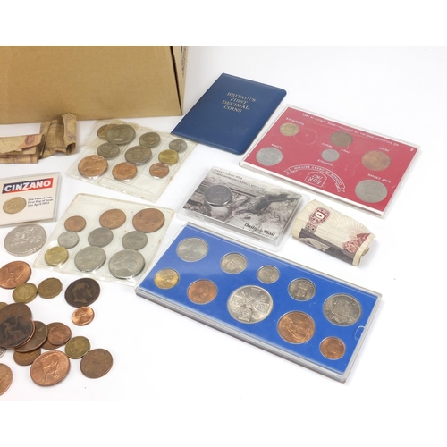 644 - British and World coins and banknotes including 1953 specimen coin set, five pound and one pound coi... 