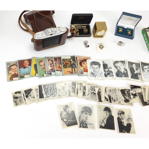 442 - Objects including The Beatles chewing gum cards, Darkie Toothpaste, cuff links and a vintage Agfa ca... 