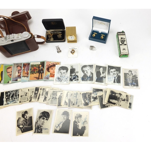 442 - Objects including The Beatles chewing gum cards, Darkie Toothpaste, cuff links and a vintage Agfa ca... 