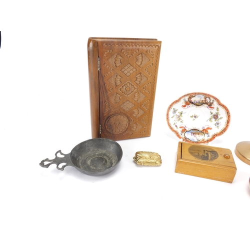 452 - Objects including an olive wood box, Royal Doulton stoneware salt, pewter quaich and a Mauchline war... 