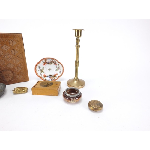 452 - Objects including an olive wood box, Royal Doulton stoneware salt, pewter quaich and a Mauchline war... 