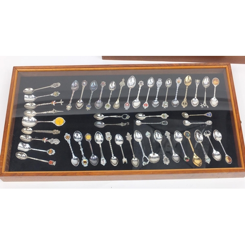 717 - Large collection of souvenir teaspoons, housed in two glazed display cases