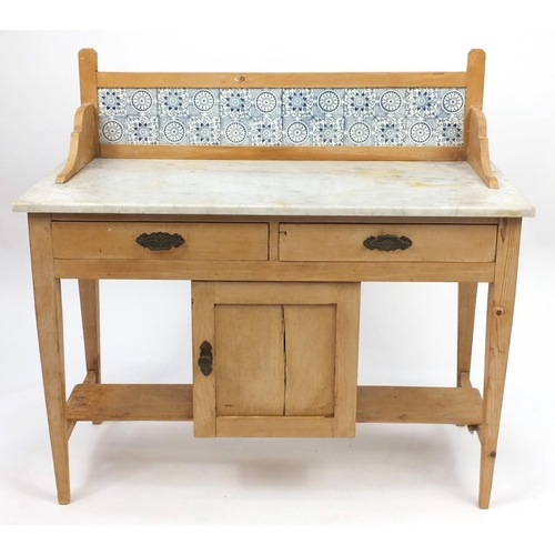 39 - Pine wash stand with tiled back and marble top, 100cm H x 107cm W x 49cm D