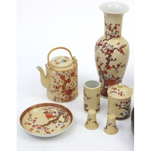 687 - Hand painted Oriental porcelain, including a sectional Lazy Susan, teapot and ginger jars