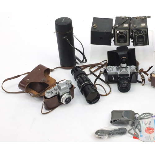 266 - Vintage cameras, lenses and accessories including Brownie, Zenit and Kodak