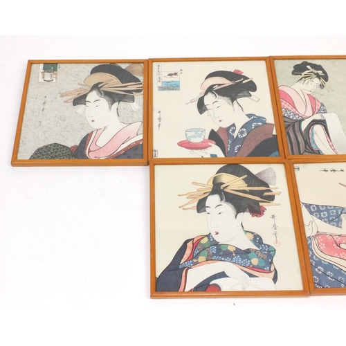 540 - Six Japanese silk pictures of Geisha Girls, each framed, 32cm x 32cm