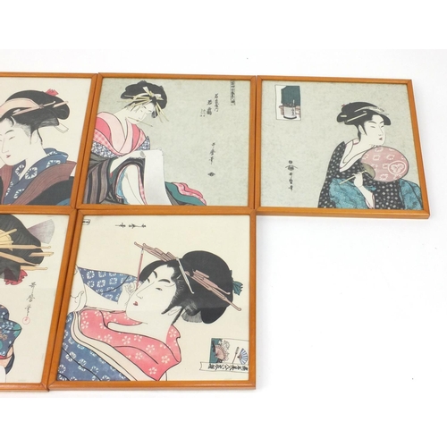 540 - Six Japanese silk pictures of Geisha Girls, each framed, 32cm x 32cm