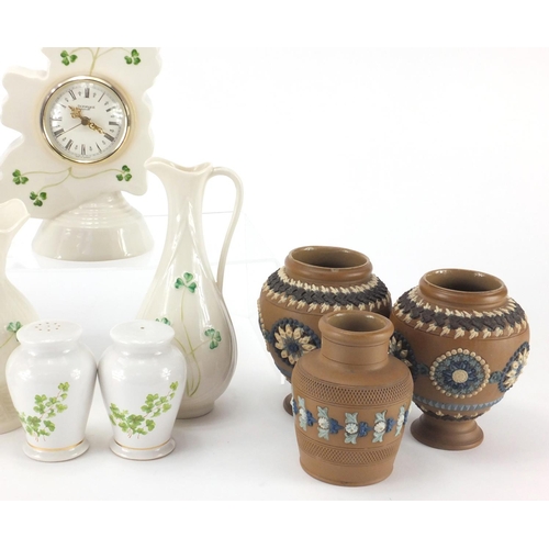 680 - China including Belleek vase, pair of Doulton Slaters vases and Wade salt and peppers