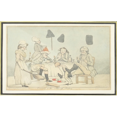 812 - Two antique hand coloured caricature prints, mounted and framed, the largest 35cm x 25cm