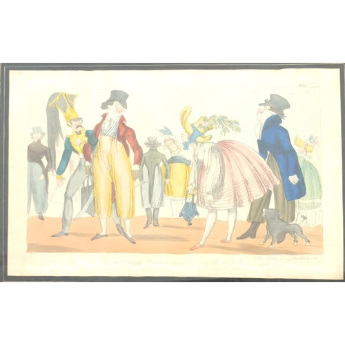 812 - Two antique hand coloured caricature prints, mounted and framed, the largest 35cm x 25cm