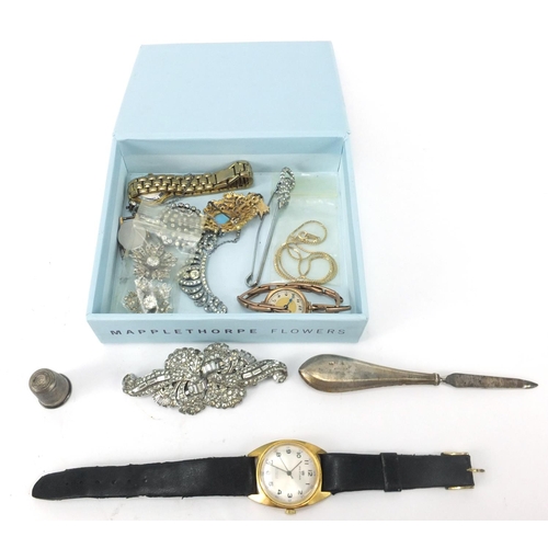 356 - Costume jewellery including a 9ct gold wristwatch and silver thimble