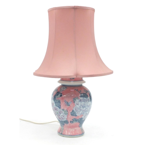 771 - Chinese porcelain lamp base with silk lined pink shade