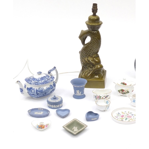 666 - Collectable china and two clocks including a Copeland Spode Italian pattern teapot, Wedgwood trinket... 