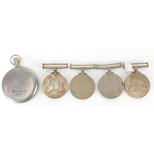 881 - Bravingtons Military pocket watch and three World War II medals