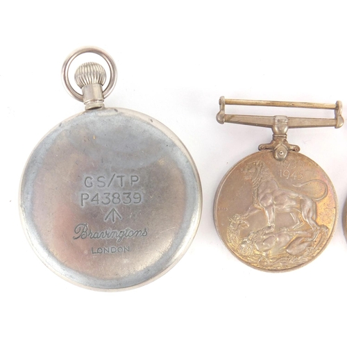 881 - Bravingtons Military pocket watch and three World War II medals