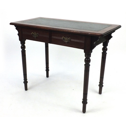45 - Mahogany writing desk, with leather top and two drawers, 71cm H x 91cm W x 45cm D