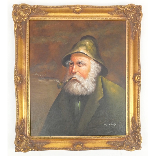 16 - M King - Fishermen smoking pipe, oil on canvas, gilt framed, 60cm x 49cm