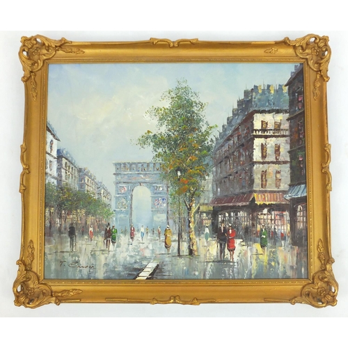 35 - Parisian street scene, Arc de Triomphe, oil on canvas, signed, gilt framed, 60cm x 50cm