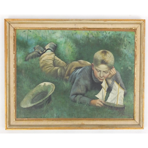 31 - Young boy with a boat, Modern British oil on canvas laid on board, framed, 61cm x 44cm