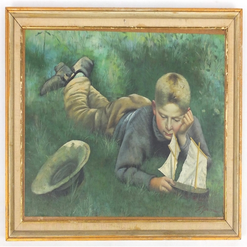 31 - Young boy with a boat, Modern British oil on canvas laid on board, framed, 61cm x 44cm