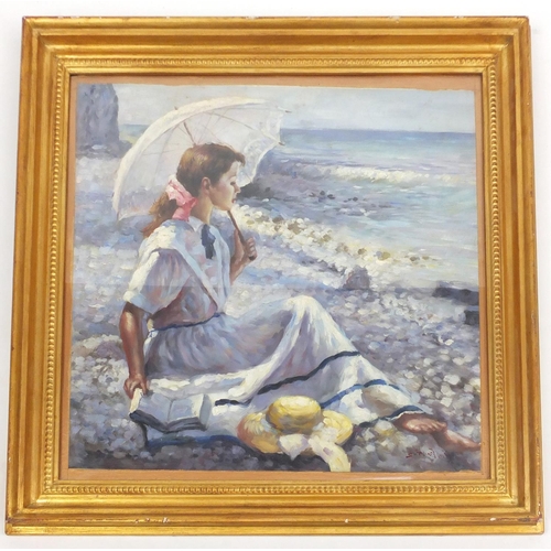 13 - Girl holding an umbrella by the beach, oil on canvas laid on board, signed, gilt framed, and inscrib... 