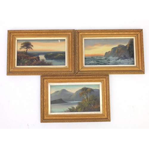 386 - Three oil on boards including a mountain landscape, each bearing signatures, mounted and framed, eac... 