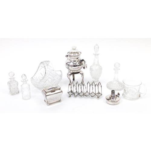 669 - Glassware and silver plate including concertina toast rack and decanter