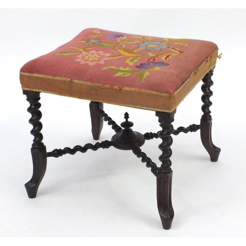 2025 - Victorian rosewood barley twist stool, with floral tapestry stuff over seat, 39cm H x 40cm W x 40cm ... 
