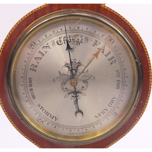 2027 - Inlaid mahogany banjo barometer with silvered dial, 99cm high