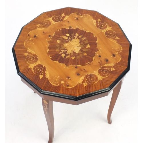 2029 - Italian Sorrento musical occasional table, the hinged lid inlaid with flowers, 50cm high x 46cm in d... 