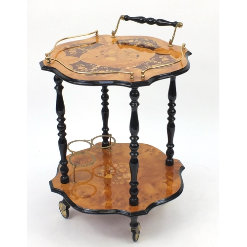 2032 - Italian Sorrento two tier tea trolley with brass gallery, inlaid with flowers, 73cm high