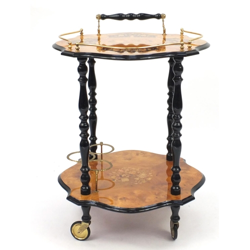 2032 - Italian Sorrento two tier tea trolley with brass gallery, inlaid with flowers, 73cm high