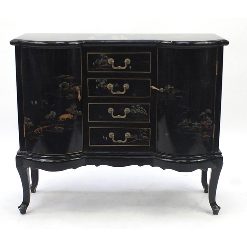 2026 - Oriental black lacquered side cabinet, hand painted in the Chinoiserie manner, fitted with a pair of... 