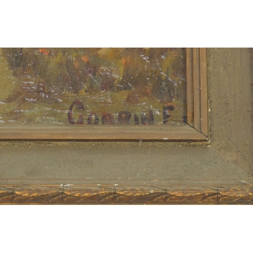 482 - Cattle in a field, antique oil on canvas laid on board, bearing a signature Corbin, framed, 39cm x 2... 