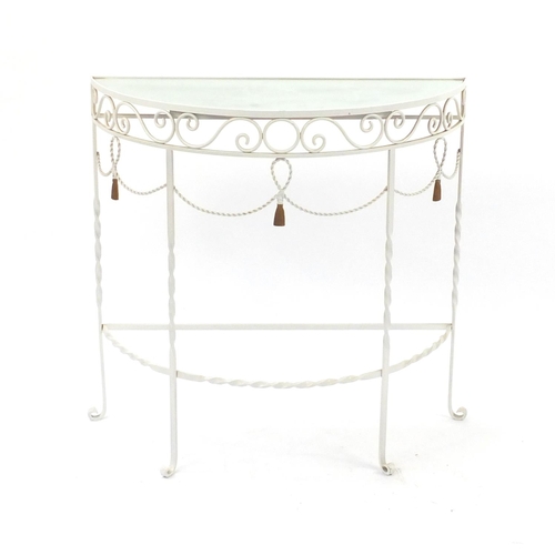 58 - Wrought iron bow front hall table, with mirrored top and back, 184cm H x 75cm W x 32cm D