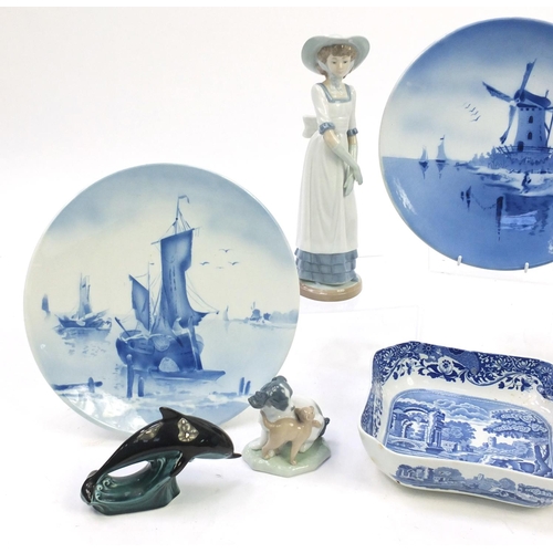 206 - Collectable china, Nao figurines, Royal Doulton figurine, Poole dolphins, Spode bowl and Delft style... 