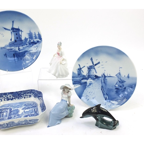 206 - Collectable china, Nao figurines, Royal Doulton figurine, Poole dolphins, Spode bowl and Delft style... 