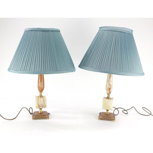 733 - Pair of onyx and glass table lamps with silk lined shades, 52cm high