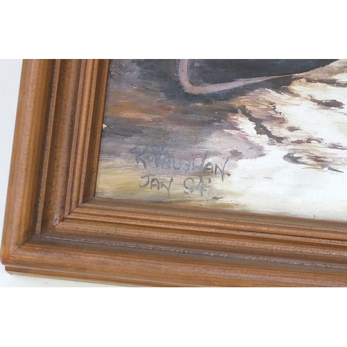 569 - R. Vaughan '92 - Two oil on boards, one of a Dutch snowy scene, each framed, 49cm x 39cm