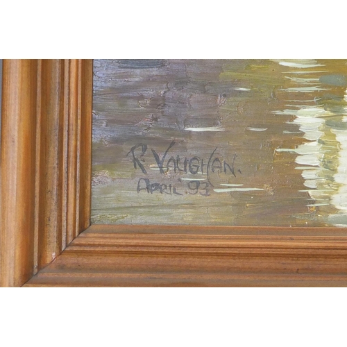 569 - R. Vaughan '92 - Two oil on boards, one of a Dutch snowy scene, each framed, 49cm x 39cm